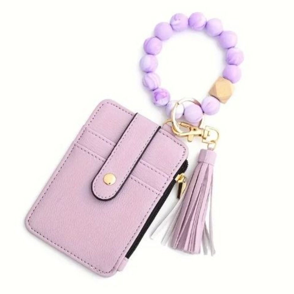 Purple Card Holder W/ Chunky Boho Bracelet & Tassle - Nwt